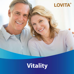 LOVITA bottle with capsules being poured for easy daily supplementation.