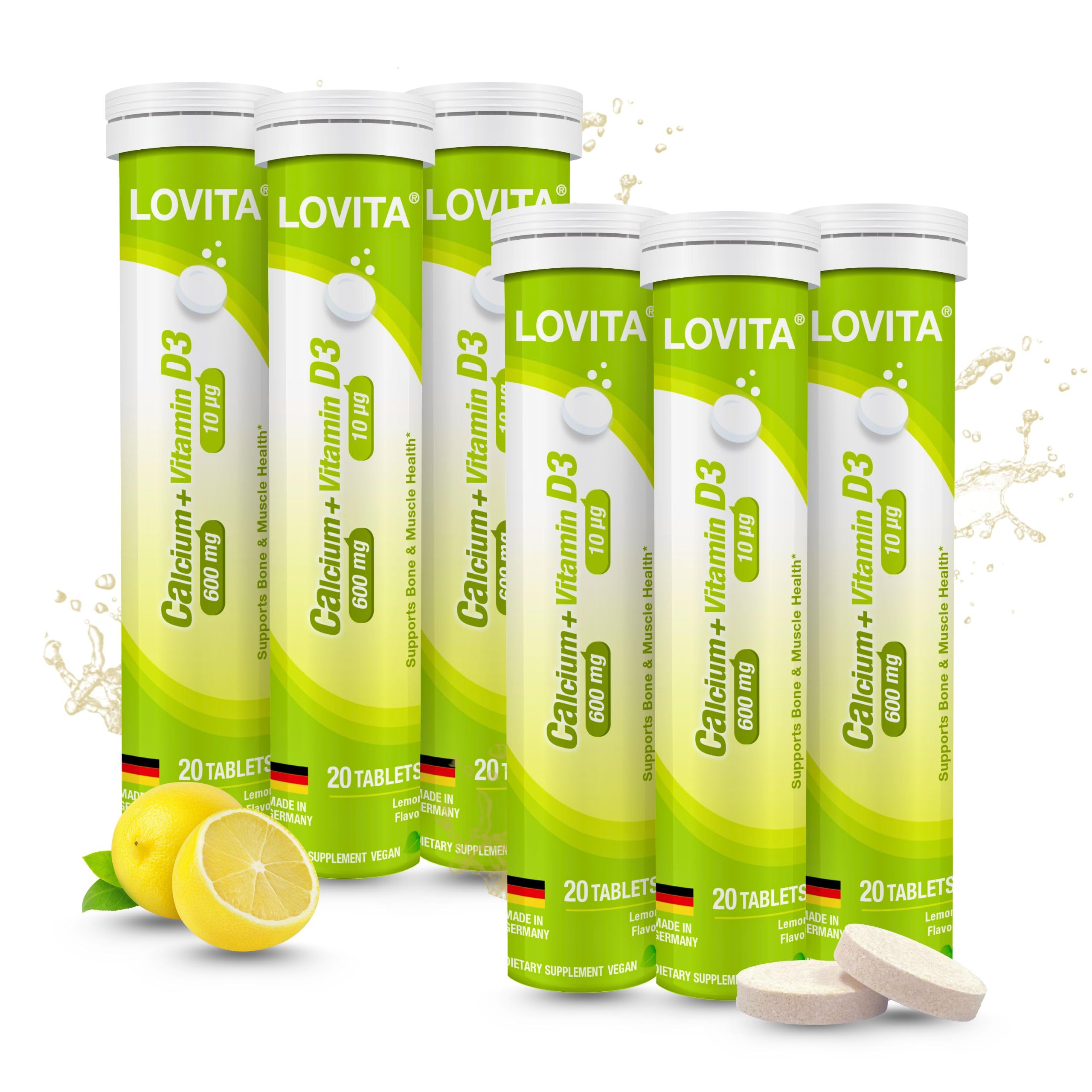LOVITA calcium D3 effervescent tablet dissolving in lemon water for daily support.