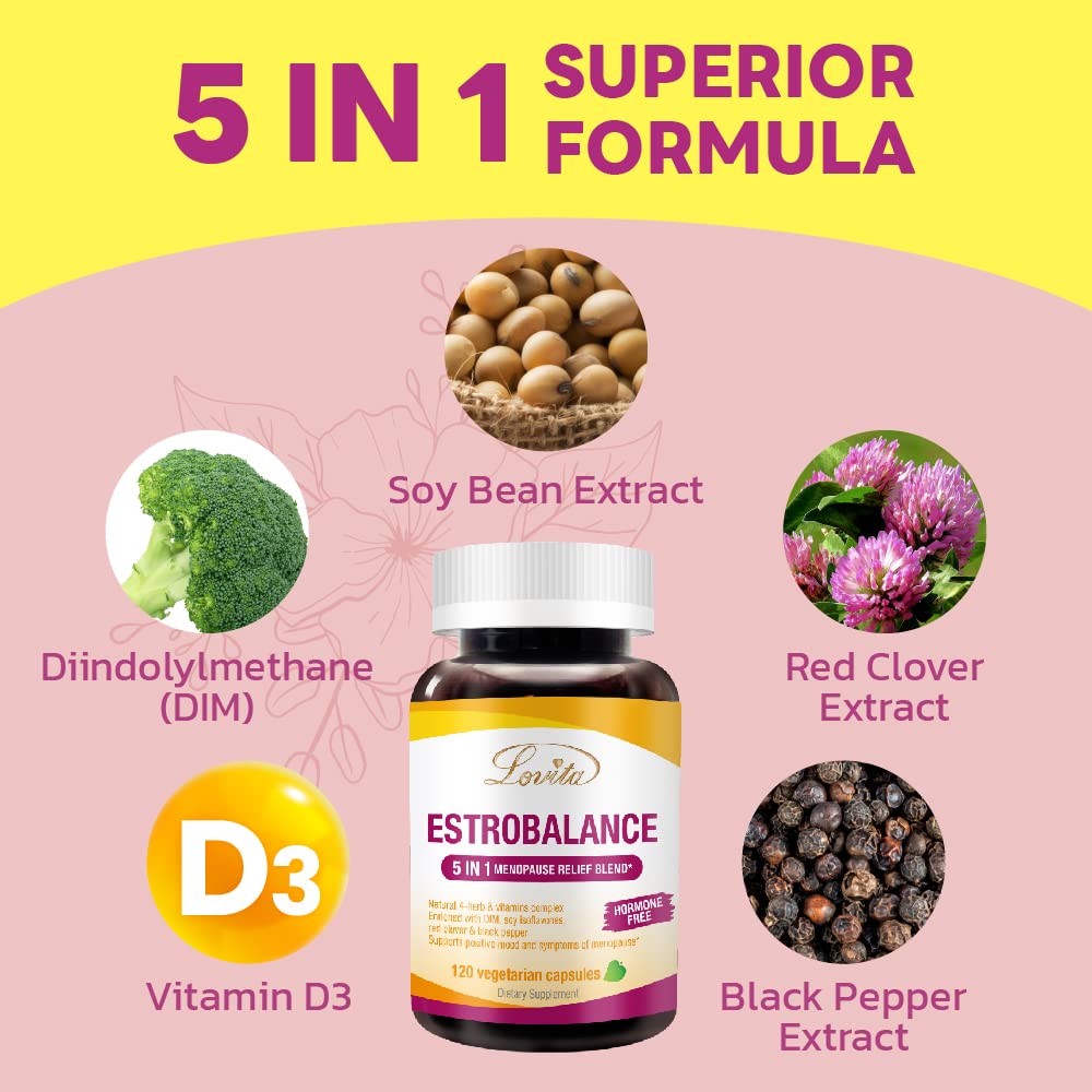 Lovita Estrobalance 120 vegan capsules box shows plant-based ingredients
