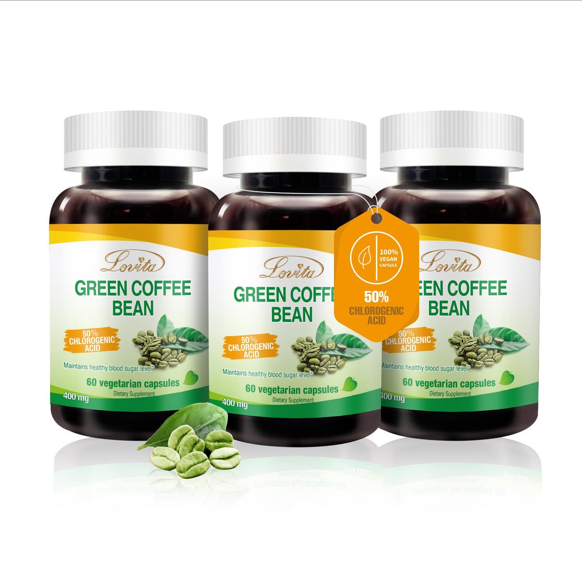 LOVITA green coffee bean extract bottle with capsules for daily metabolism support