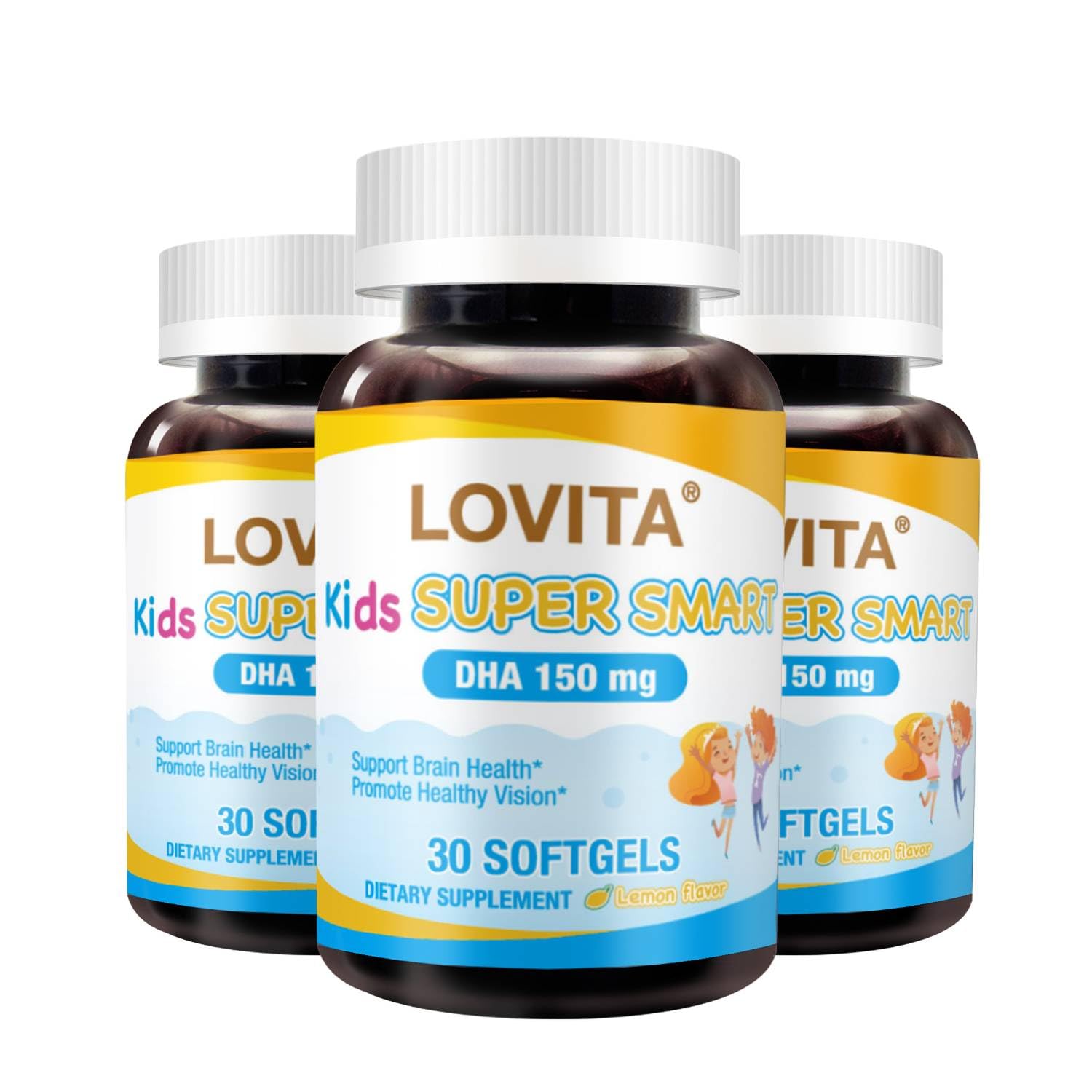 Lovita Kids Omega-3 bottle with lemon flavor, supporting daily brain and vision health.