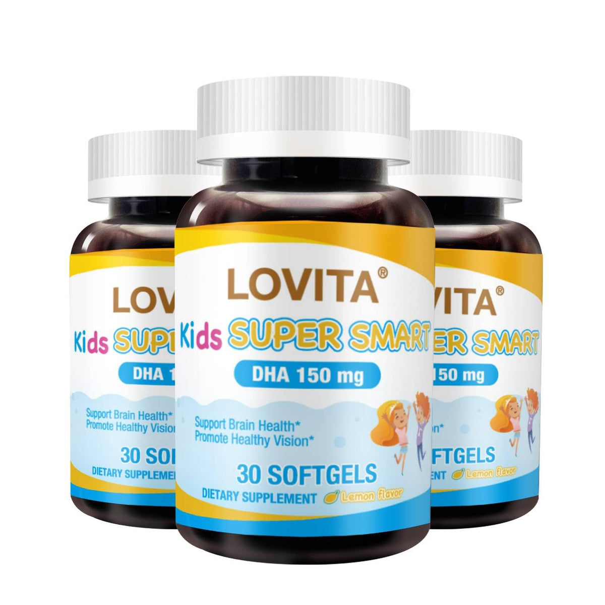 Lovita Kids Omega-3 bottle with lemon flavor, supporting daily brain and vision health.