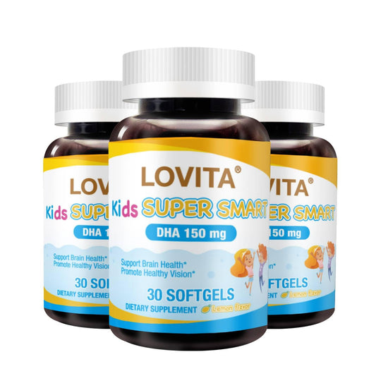 Lovita Kids Omega-3 bottle with lemon flavor, supporting daily brain and vision health.