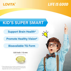 Lovita Kids Omega-3 lemon flavor packaging highlights non-GMO and allergen-free formula.