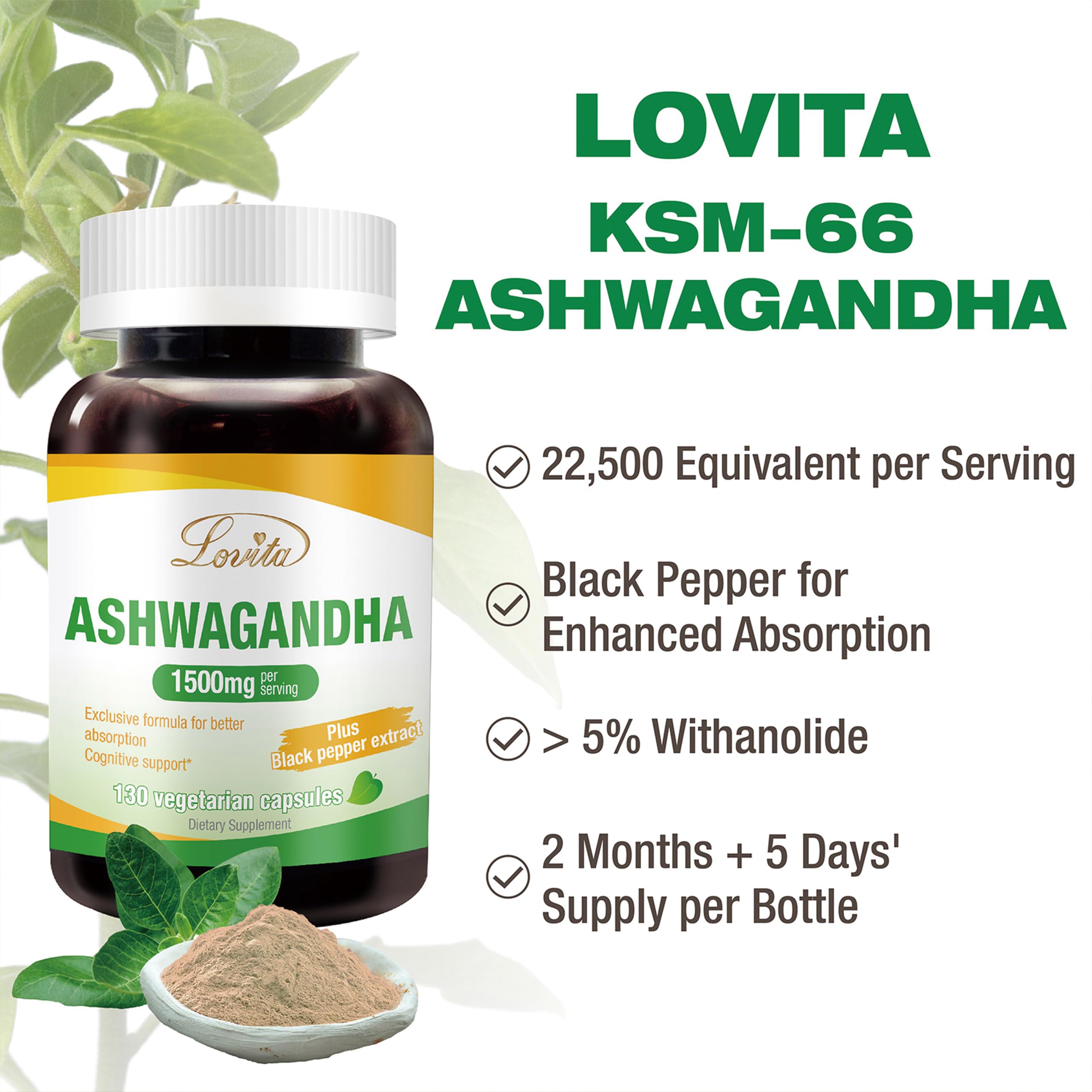 Lovita Ashwagandha label highlights 5 percent withanolides and black pepper for absorption.