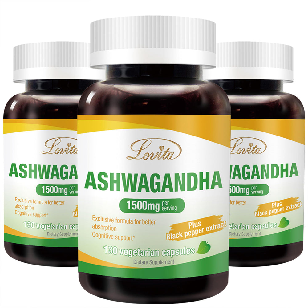 Lovita KSM-66 Ashwagandha bottle showcasing vegan capsules for daily energy support.