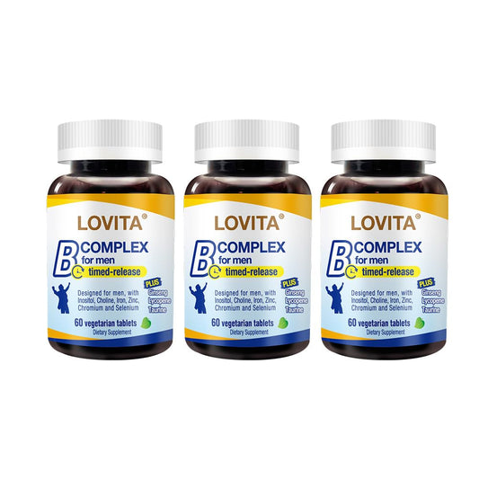 Lovita Men's 8-Hour B Complex bottle on a desk showing time-release nutrition for sustained energy