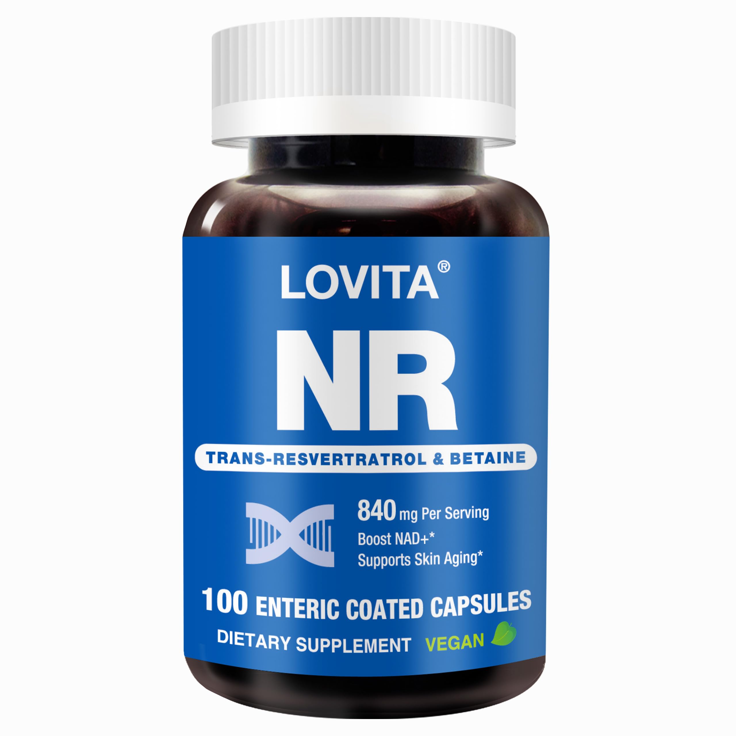 LOVITA NAD+ bottle front showing vegan formula for daily energy support.