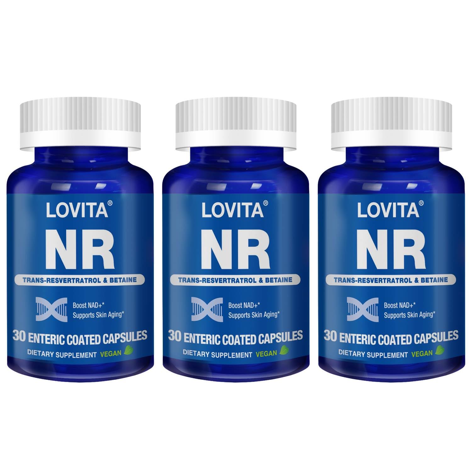 Lovita NR 350 mg bottle showcasing potent NAD+ support in a premium supplement.