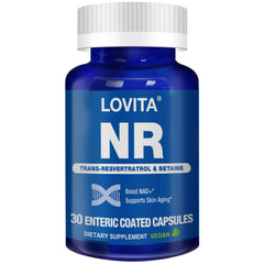 LOVITA NR bottle front view illustrating the product and 30 vegan capsules for daily NAD+ support.