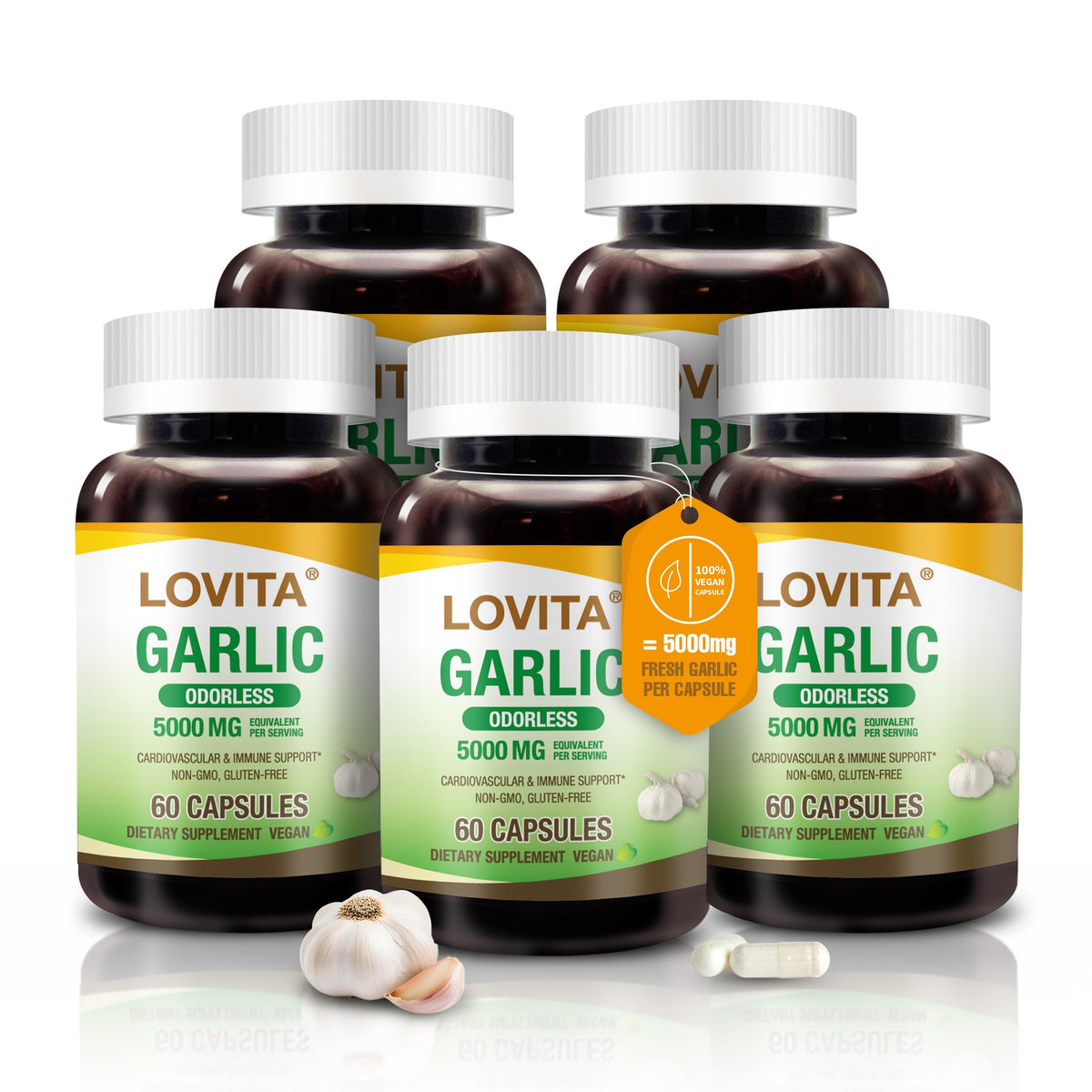 LOVITA odorless garlic capsules bottle for daily heart and immune support.