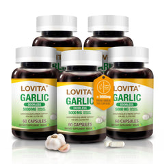 LOVITA odorless garlic capsules bottle for daily heart and immune support.