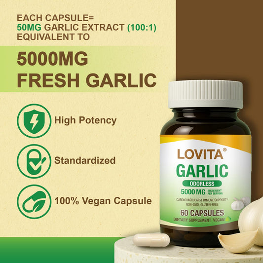 LOVITA garlic capsules close-up highlighting odorless formula and allicin content