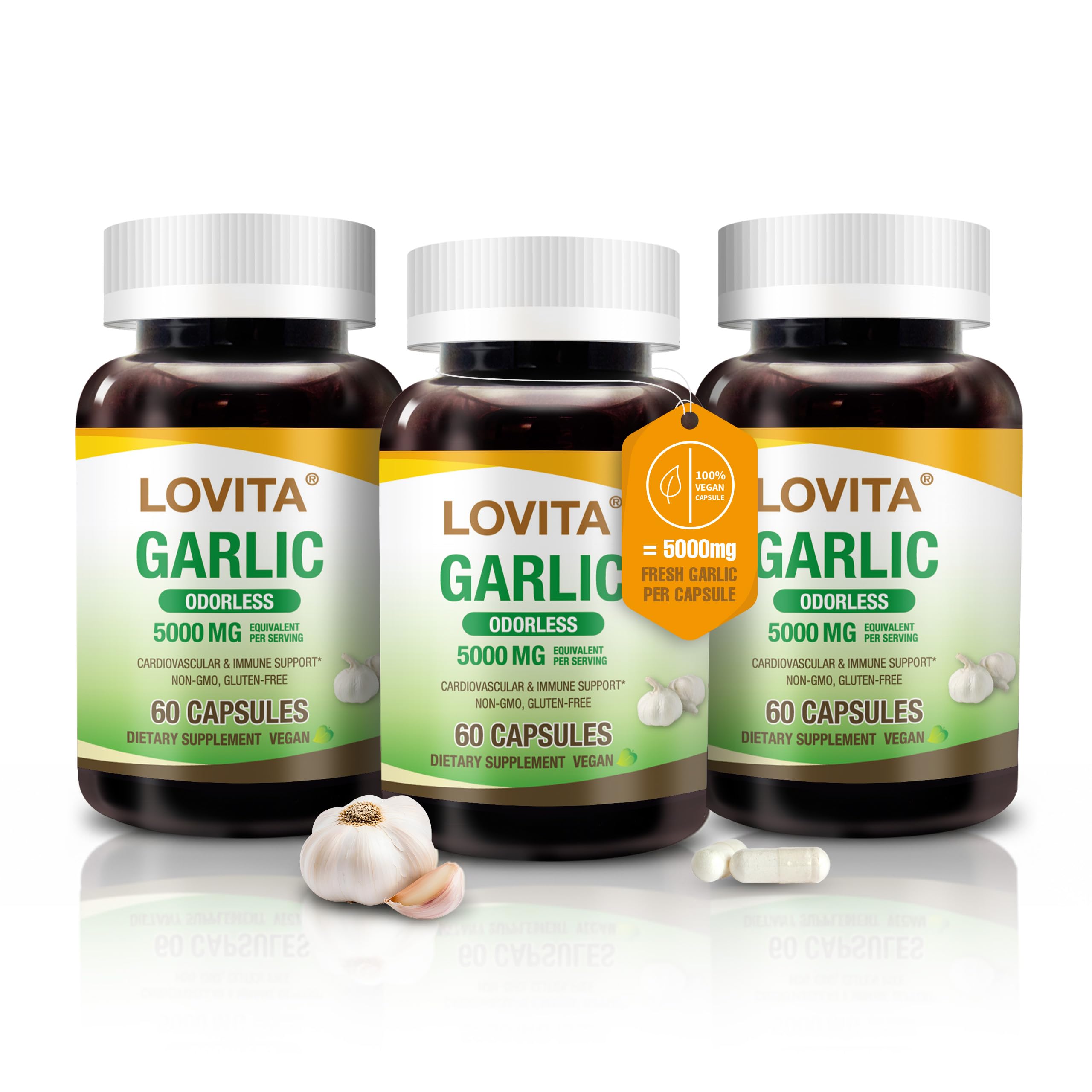 LOVITA Odorless Garlic Extract bottle with 180 vegan capsules for everyday wellness