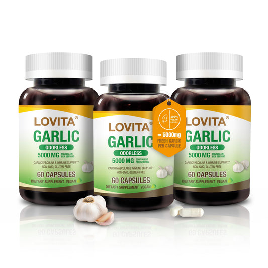 LOVITA Odorless Garlic Extract bottle with 180 vegan capsules for everyday wellness