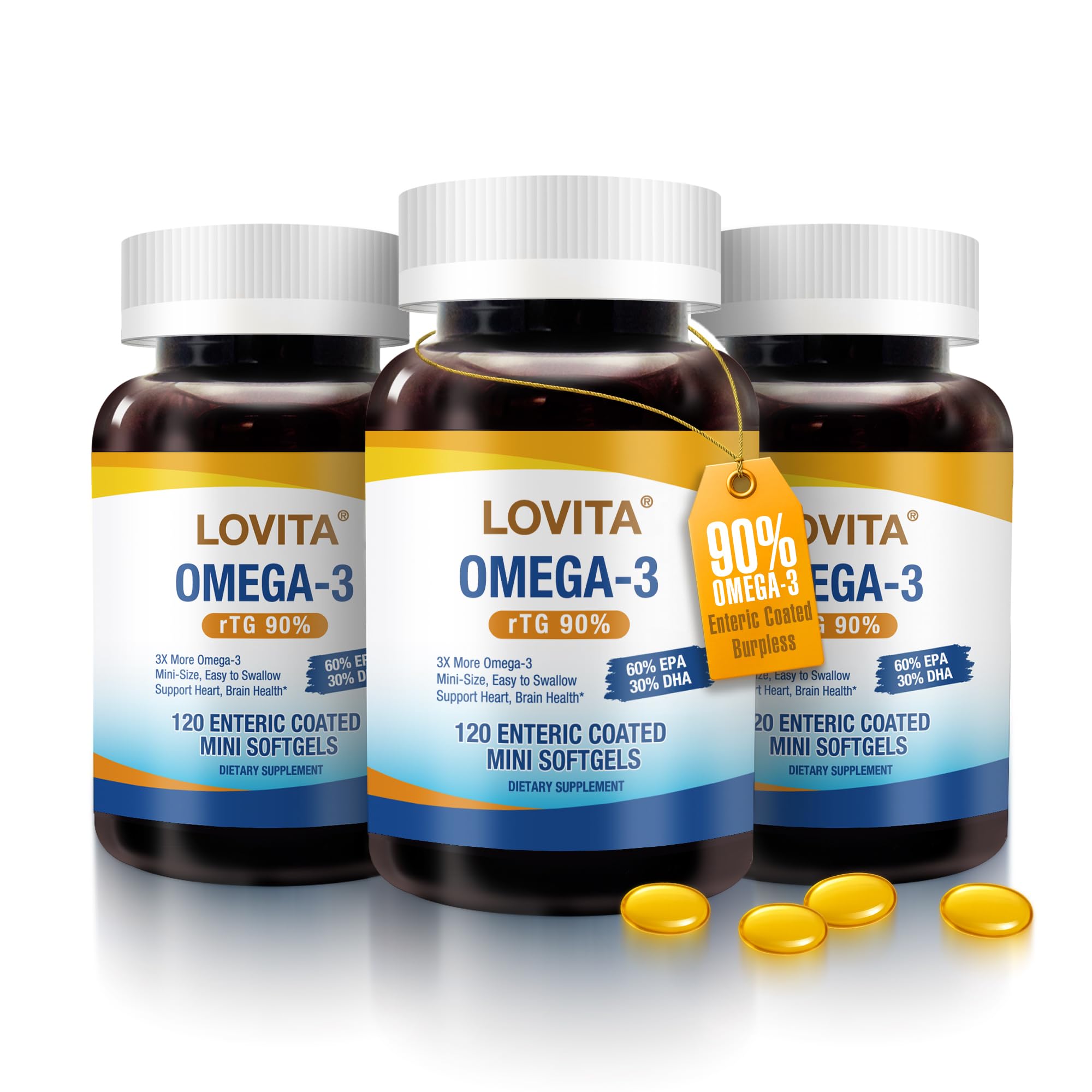 LOVITA Omega-3 bottle showing compact heart friendly softgels