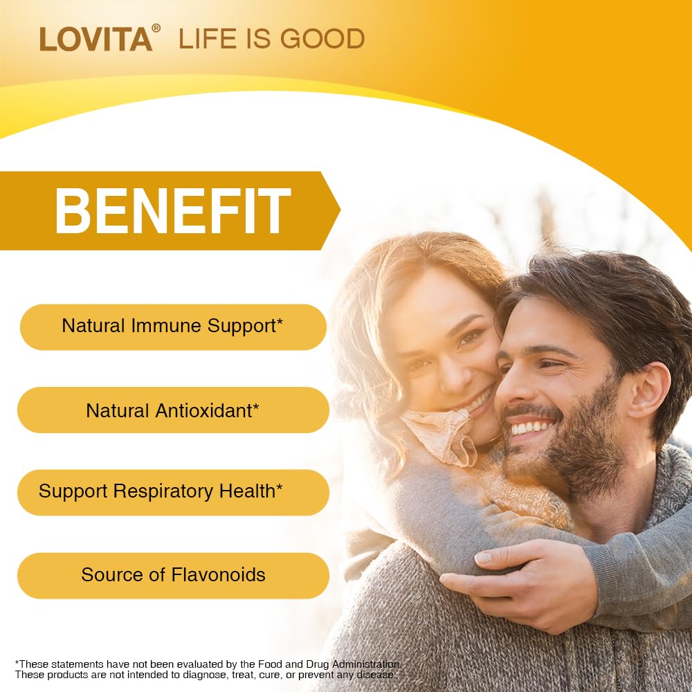 Amber vial of Lovita propolis extract 5:1 highlighting rich bioflavonoids