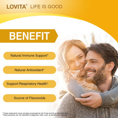 Amber vial of Lovita propolis extract 5:1 highlighting rich bioflavonoids