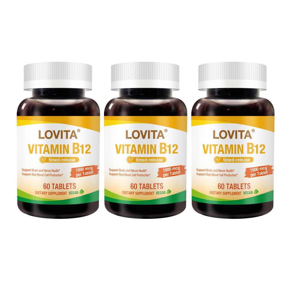 LOVITA sustained-release B12 tablets pack 3 front view for steady energy