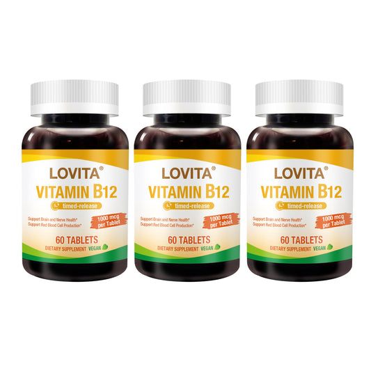 LOVITA sustained-release B12 tablets pack 3 front view for steady energy