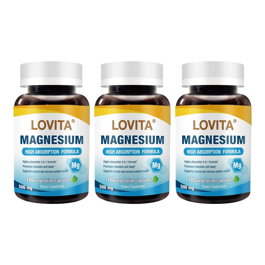 Lovita Triple Magnesium Complex 500mg bottle shows high-potency magnesium for daily wellness