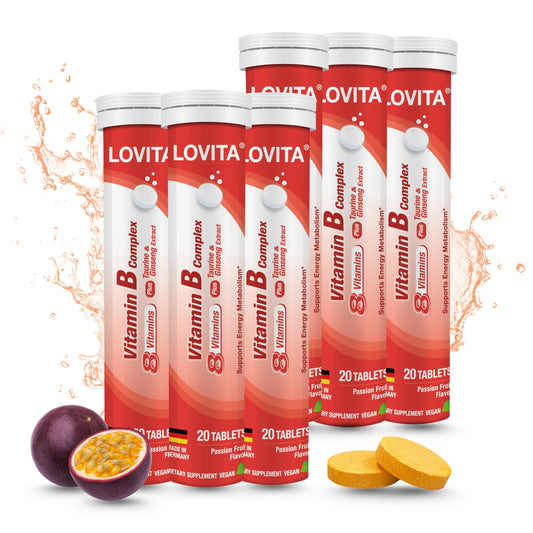 LOVITA Vitamin B Complex effervescent tablets dissolving in water to boost energy