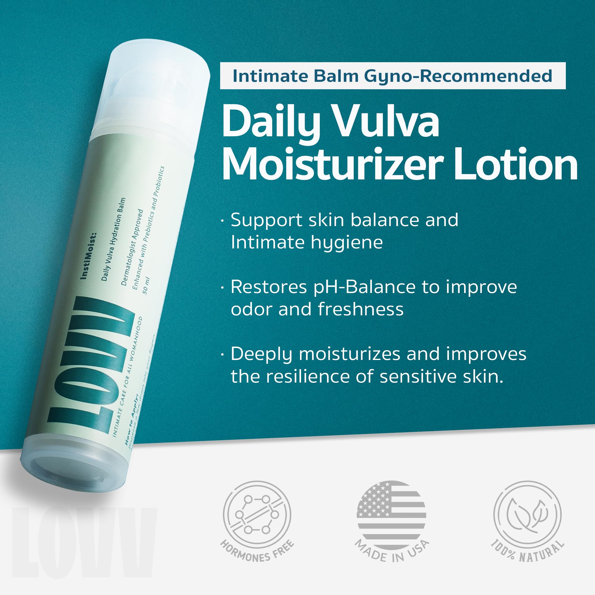 LOVV Instimoist probiotics-prebiotics scene emphasizes skin balance support for sensitive areas.