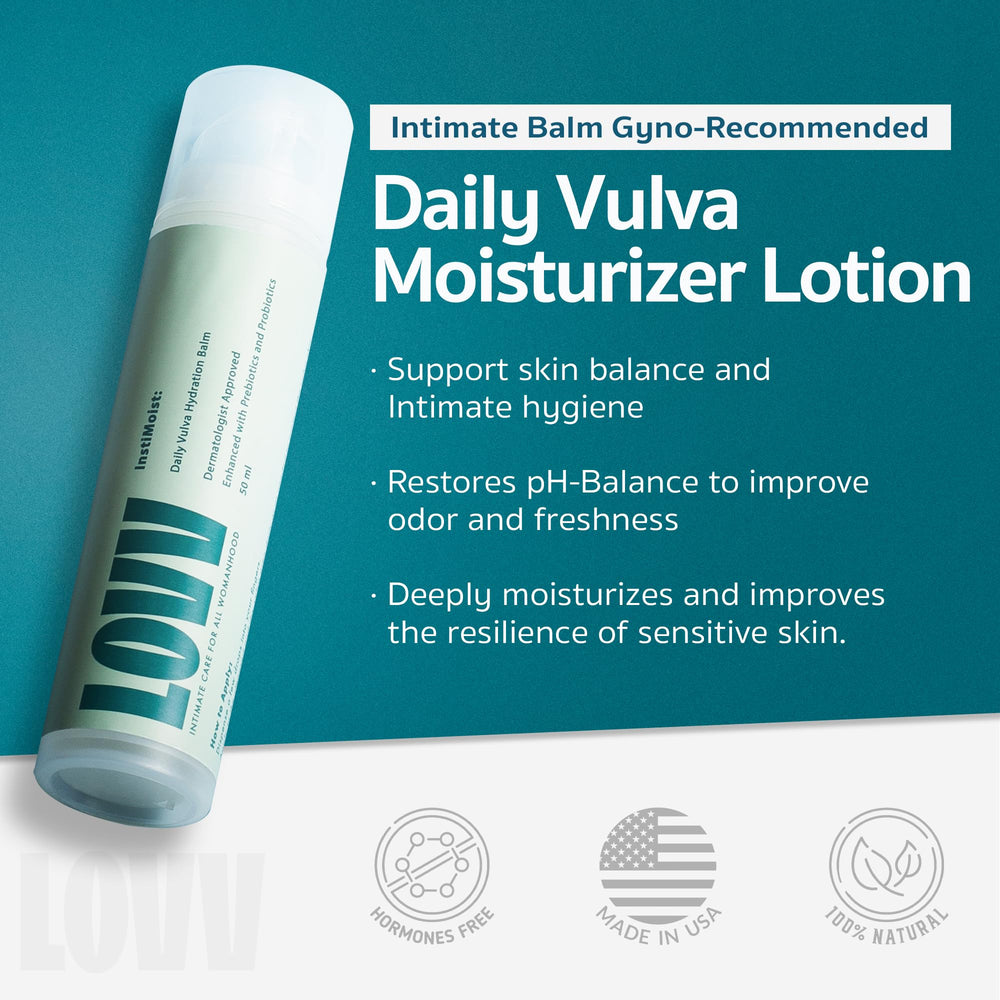 LOVV Instimoist probiotics-prebiotics scene emphasizes skin balance support for sensitive areas.