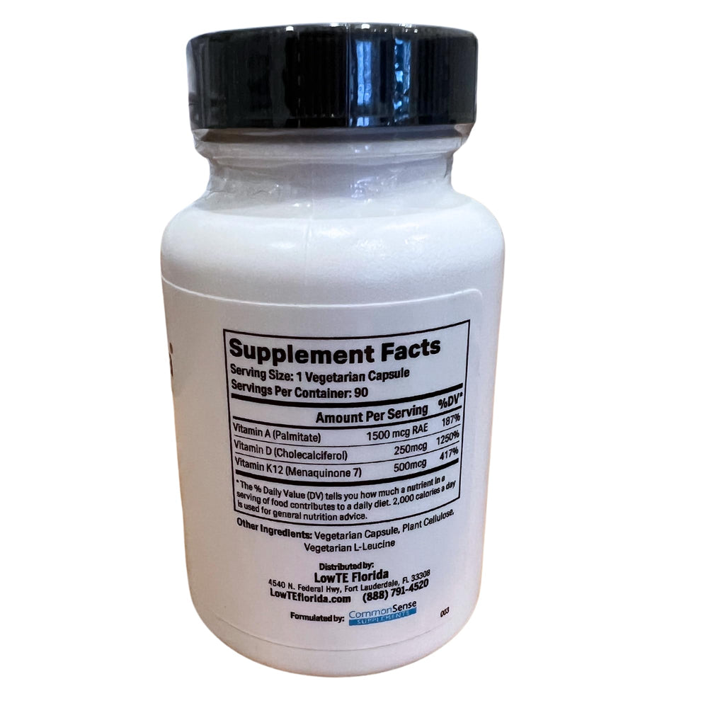 LowTE Florida ADK capsules closeup highlighting high potency vitamins A, D3, and K2.