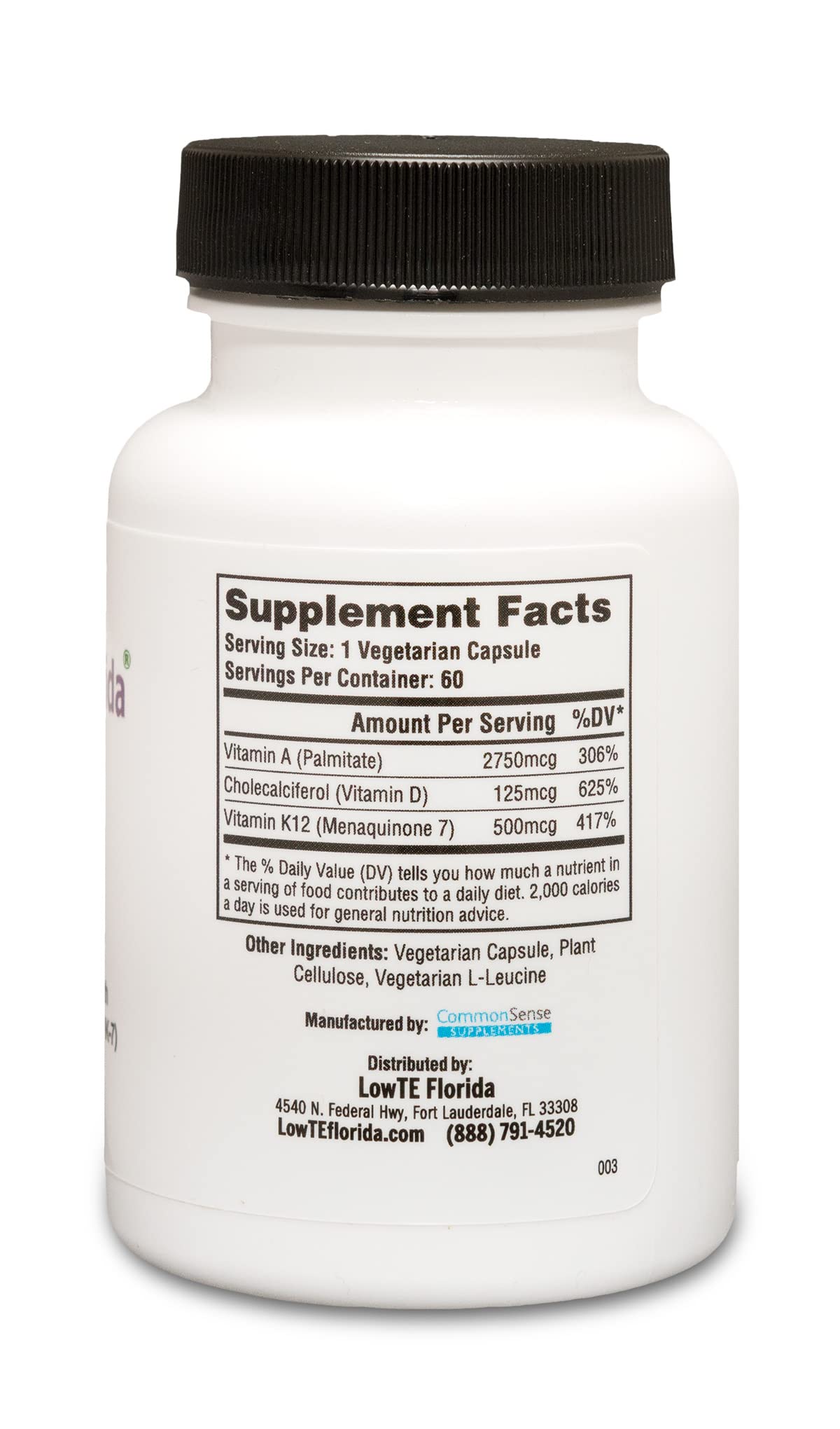 LowTE Florida ADK5 label detail highlighting vitamin A, D3 & K2 MK-7 ingredients.