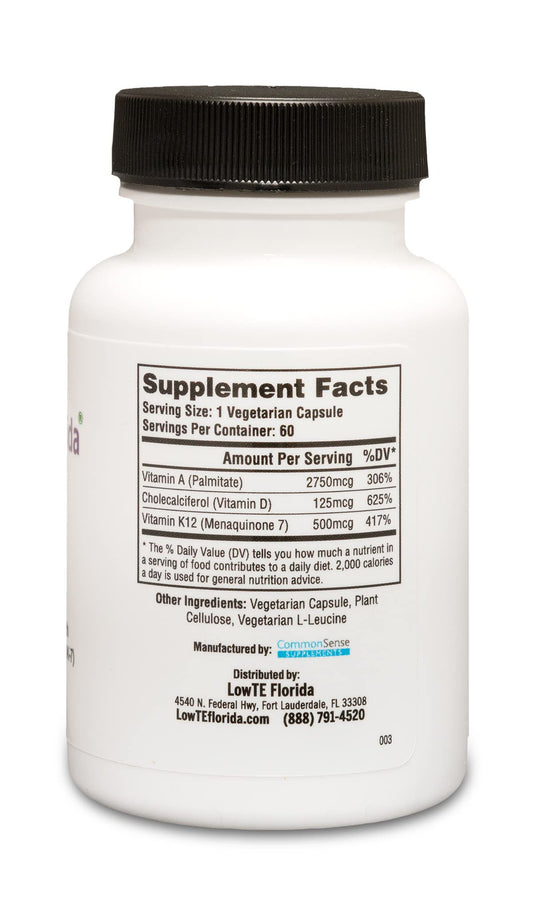 LowTE Florida ADK5 label detail highlighting vitamin A, D3 & K2 MK-7 ingredients.