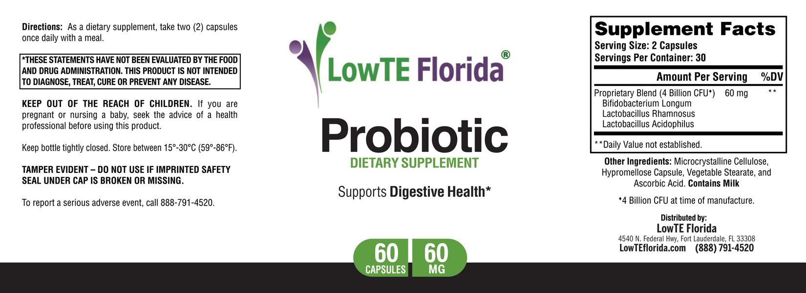 LowTE Florida probiotic capsules close-up for digestive health and immune support potential