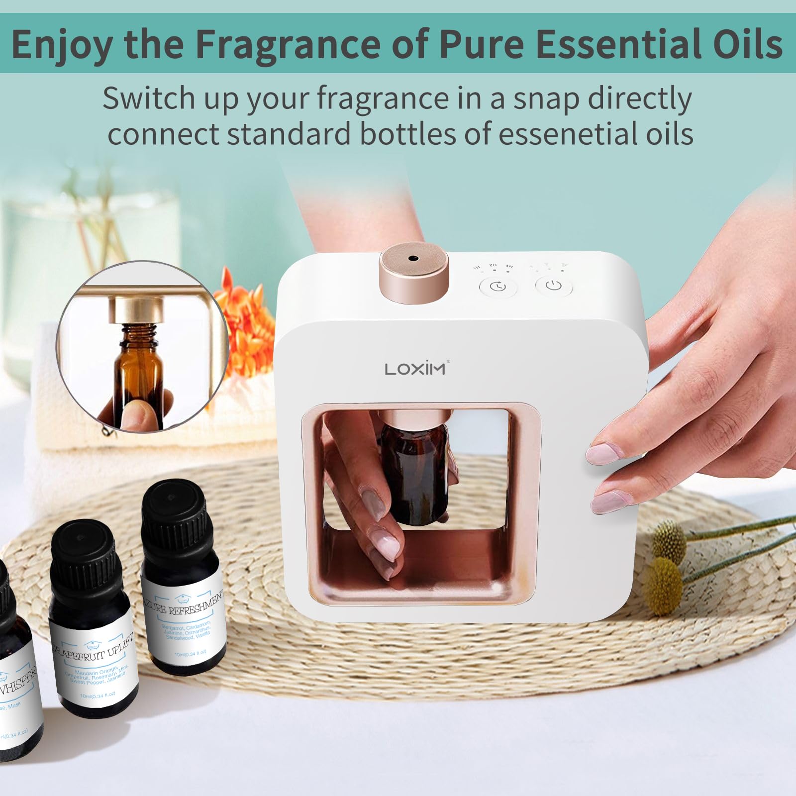 LOXIM white-gold diffuser features USB rechargeability for long-lasting scent anywhere.