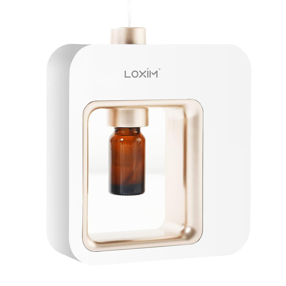 LOXIM essential oil diffuser front view enhances room ambience with a stylish white-gold finish.