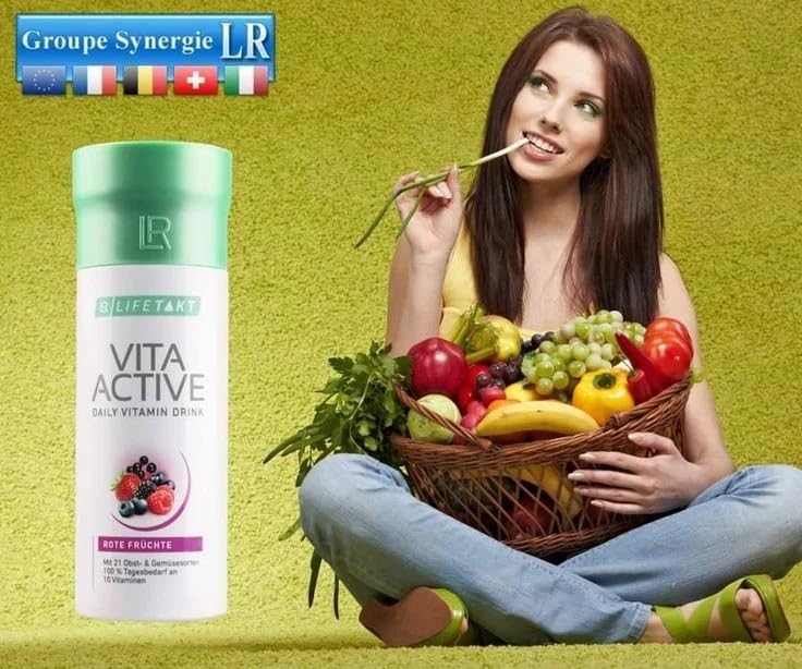 LR Health & Beauty Lifetakt Vita Active fruits collage emphasizes pomegranate and grape benefits.
