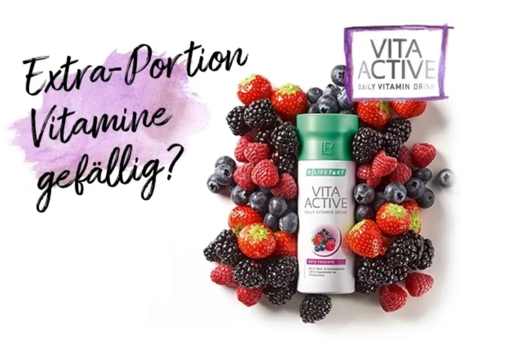 Lifetakt Vita Active glass served shows berry-flavored refreshment for daily energy.