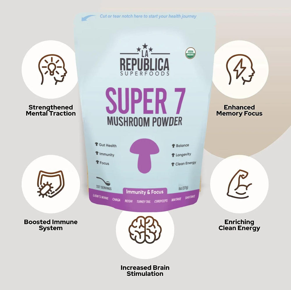 LRLA Superfoods spoon scooping mushroom powder for easy daily use