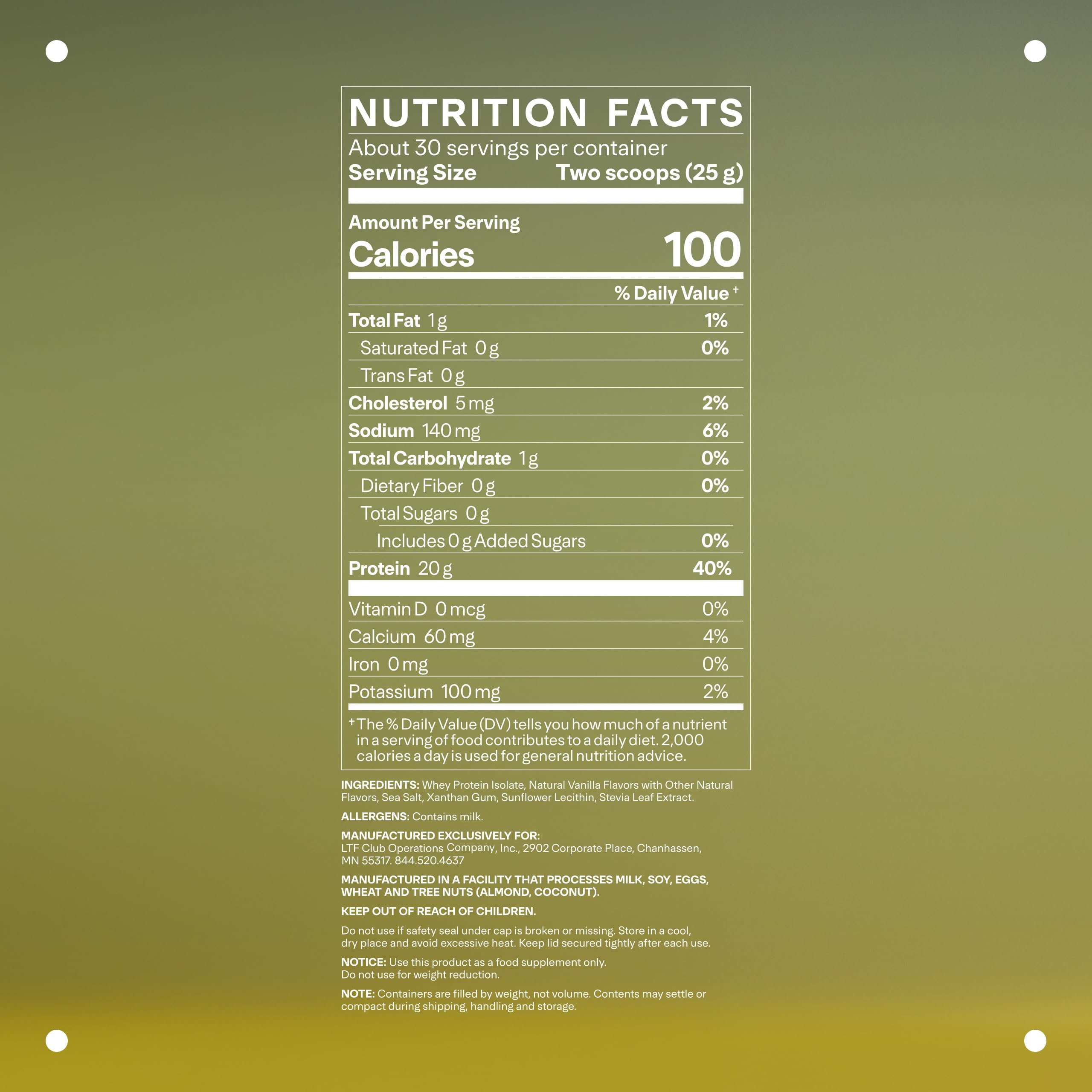 LTH Flex Whey Isolate Vanilla tub label highlighting NSF certification