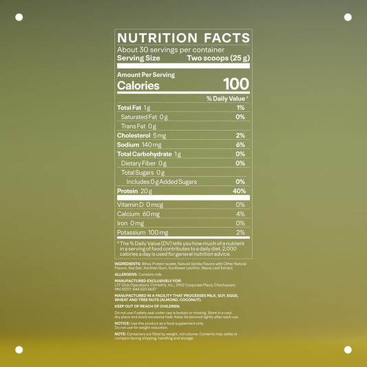 LTH Flex Whey Isolate Vanilla tub label highlighting NSF certification