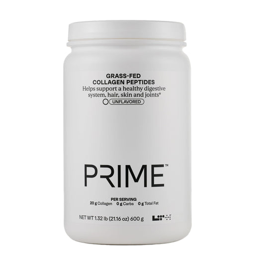 LTH Prime Collagen Peptides bottle shows grass-fed origin and protein support