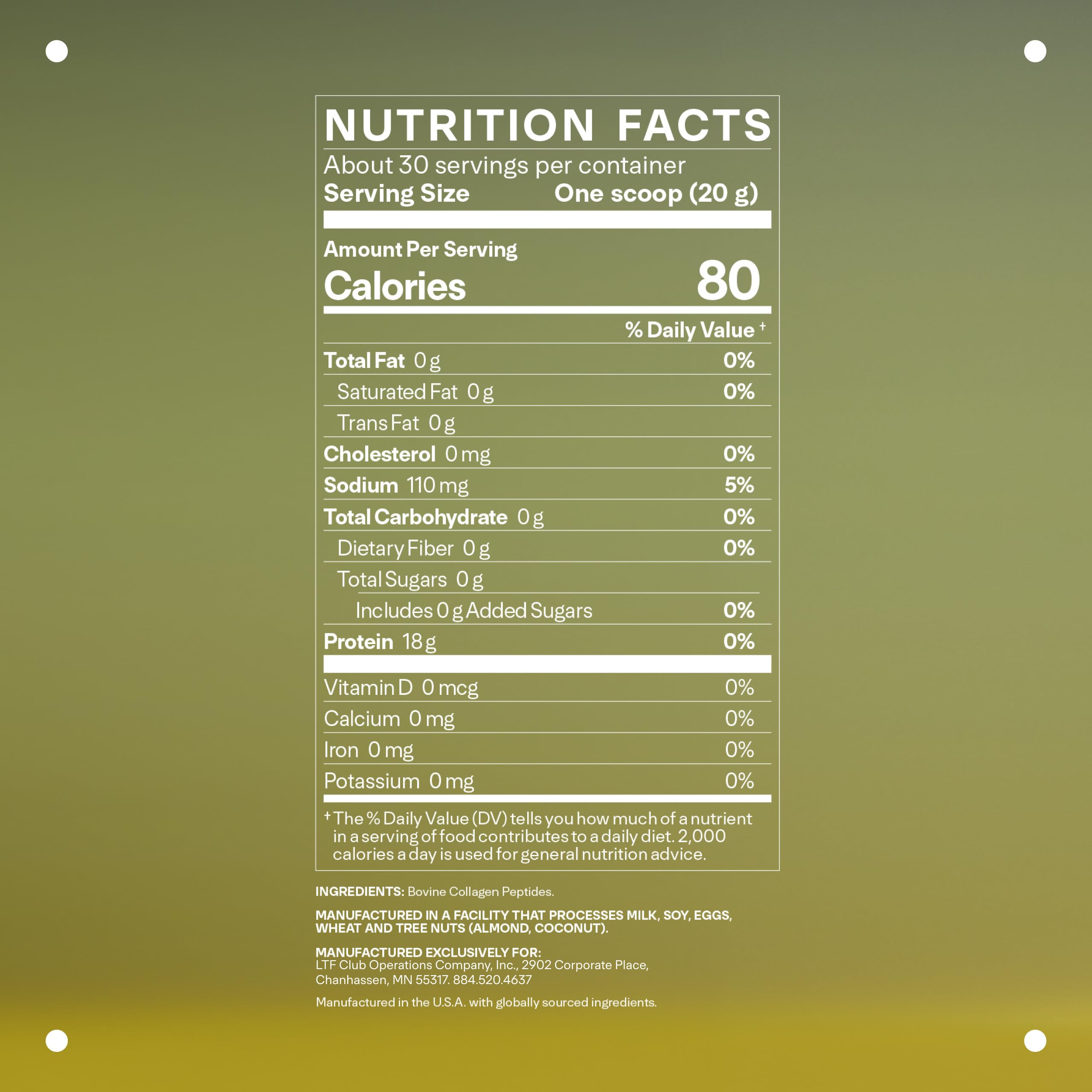 LTH Prime Collagen Peptides tub front highlights NSF certification and testing