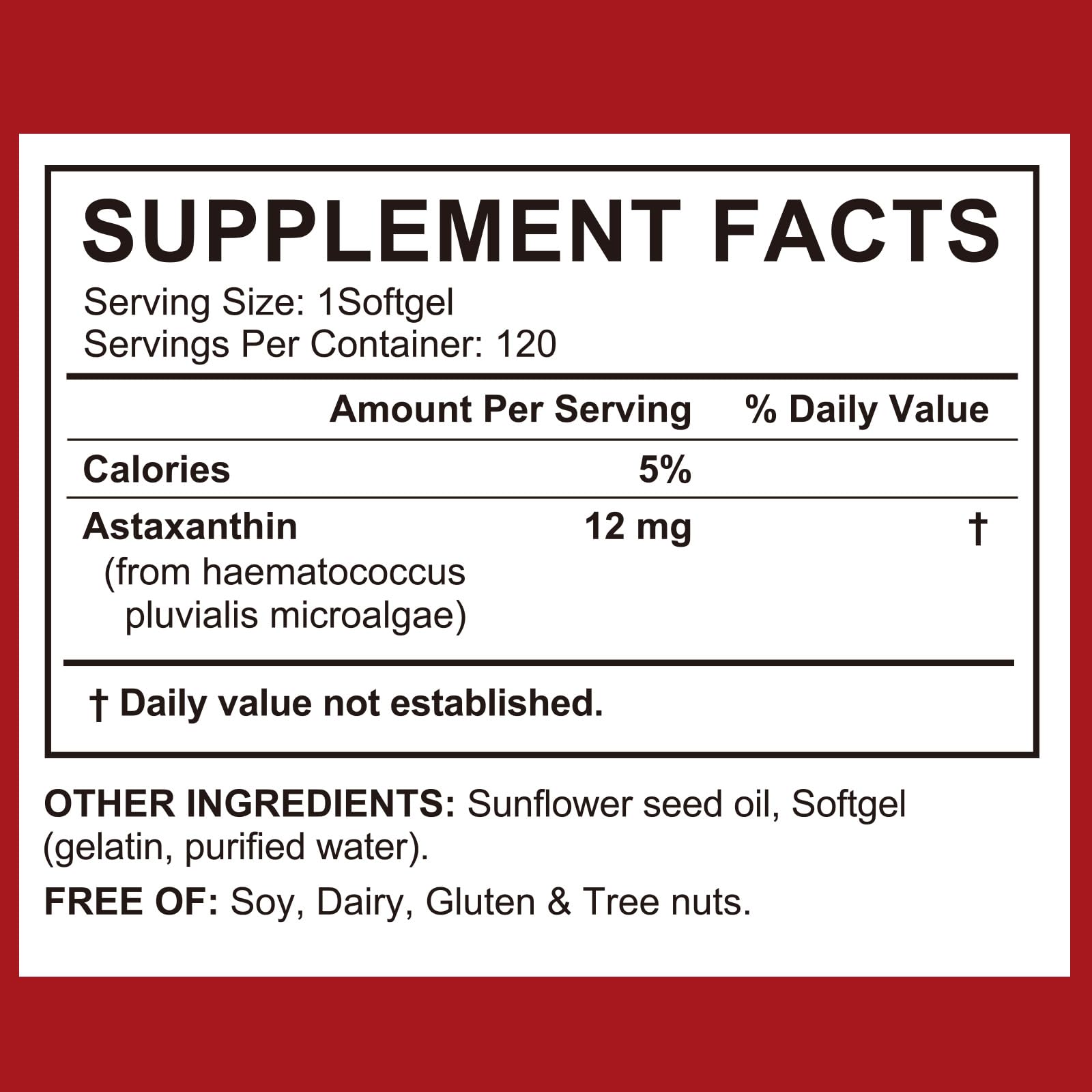 LTQXGT Astaxanthin softgel label close-up, gluten-free and clean formula.