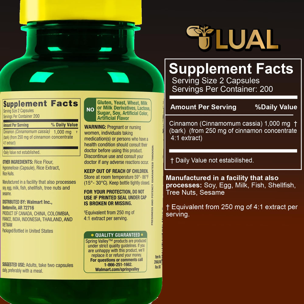 Close-up of LUAL cinnamon supplement label showing cassia cinnamon