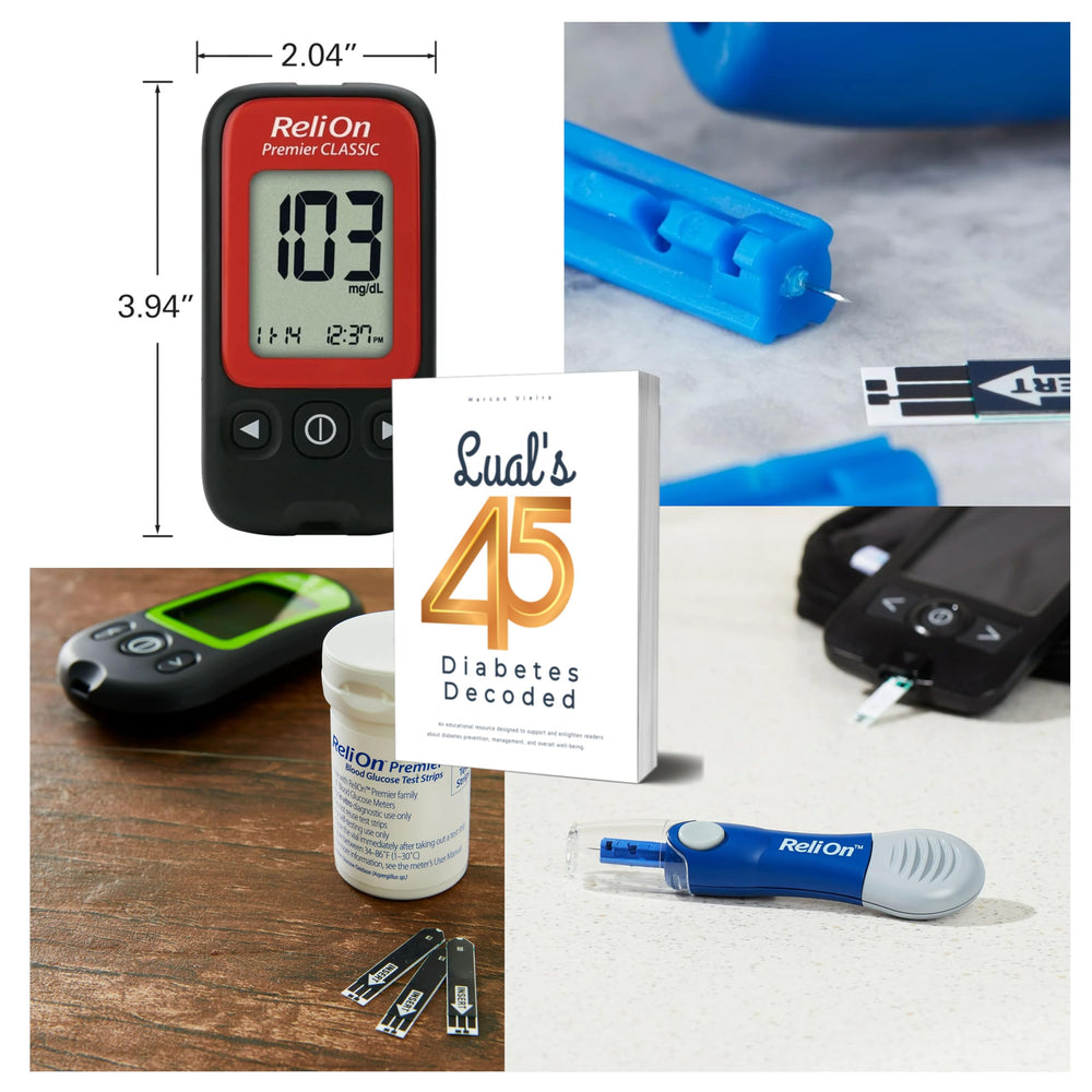 LUAL glucose meter and lancing device shown for easy fingerstick testing.