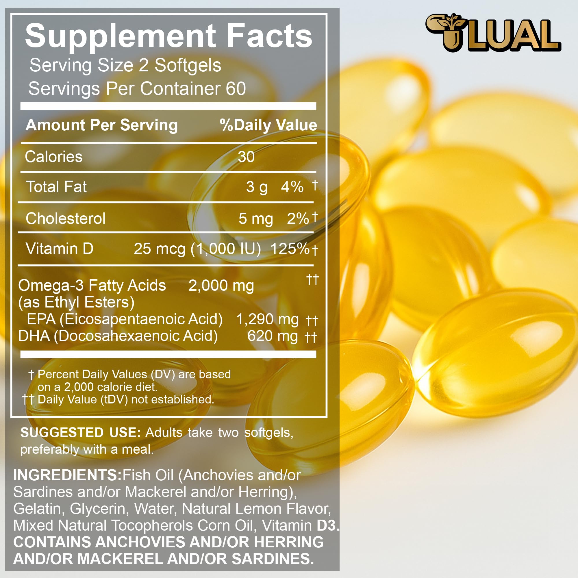 Close-up of LUAL Omega-3 softgels for easy swallowing