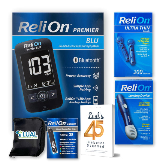LUAL Premier BLU glucose monitor kit display showing clear results quickly