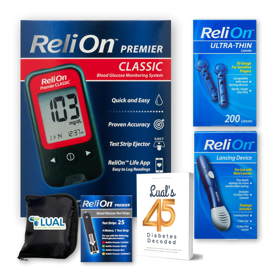 LUAL Premier glucose monitor starter kit with strips for quick home testing.