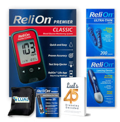 LUAL Premier glucose monitor starter kit with strips for quick home testing.