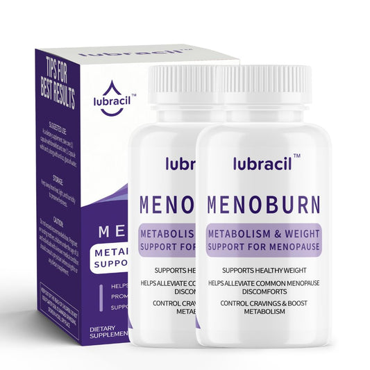 Lubracil Menoburn bottle front view with capsules for daily menopause support