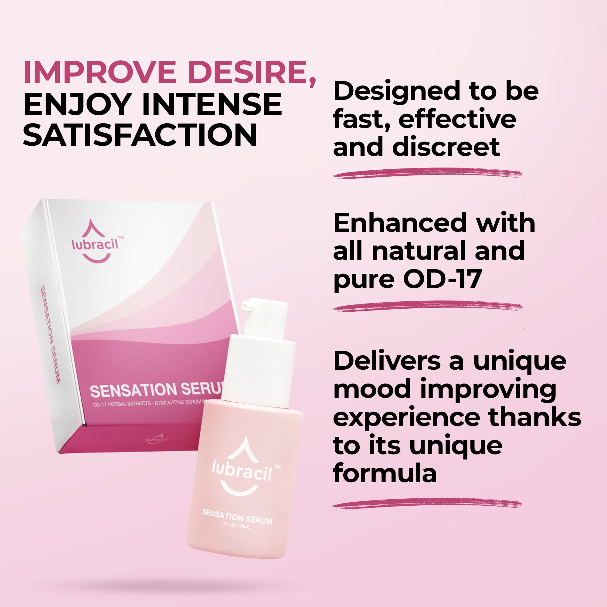 Lubracil Sensation Serum application drops suggest easy private use.
